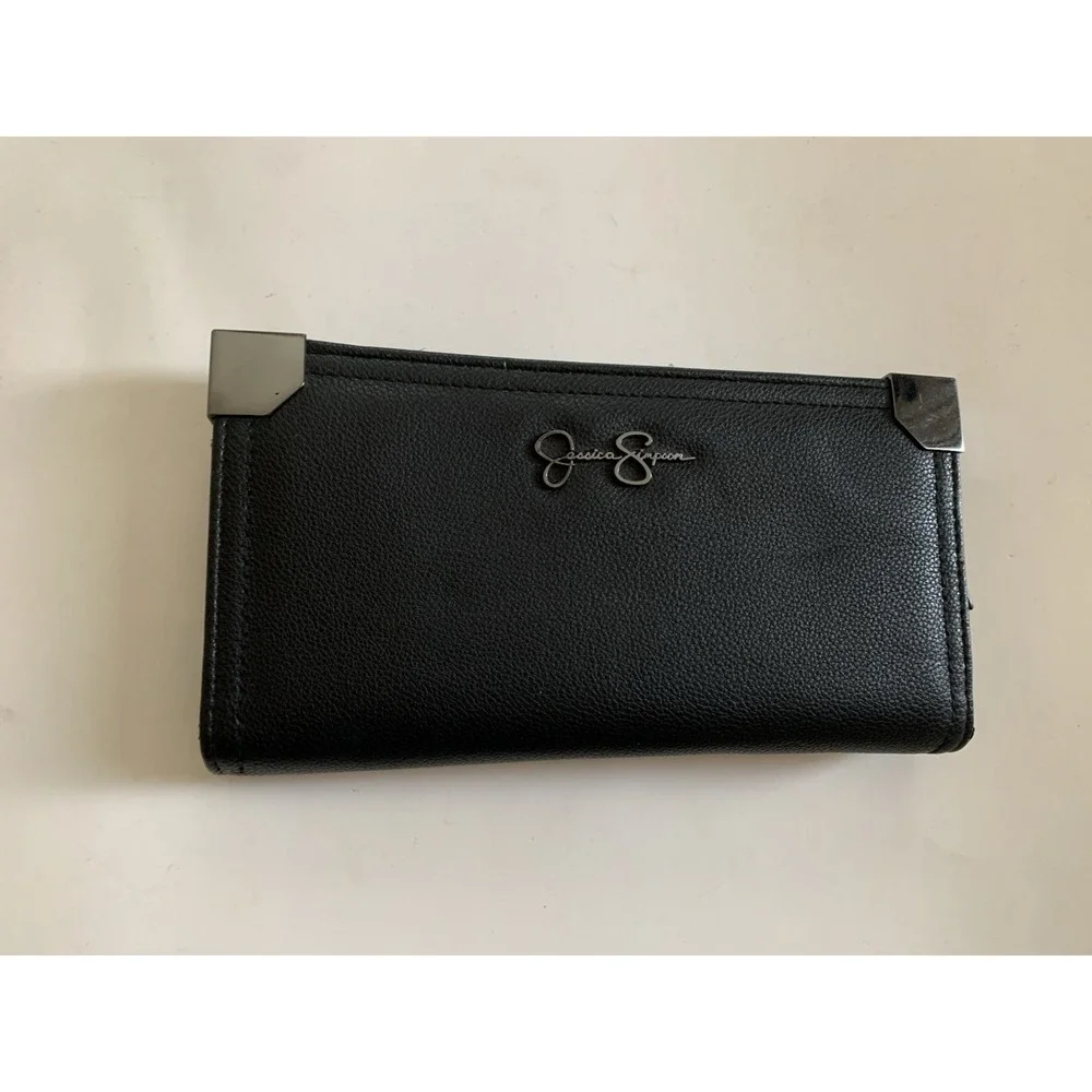 Jessica Simpson Women's Black Continental Wallet Clutch Gunmetal Logo Card Slots
